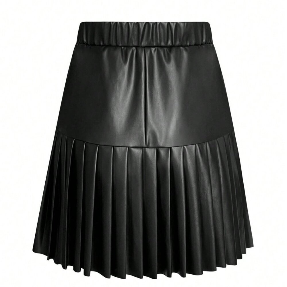 Black Casual Women's Minimalist Pleated faux leather A-Line mini Skirt - Picture 2 of 4